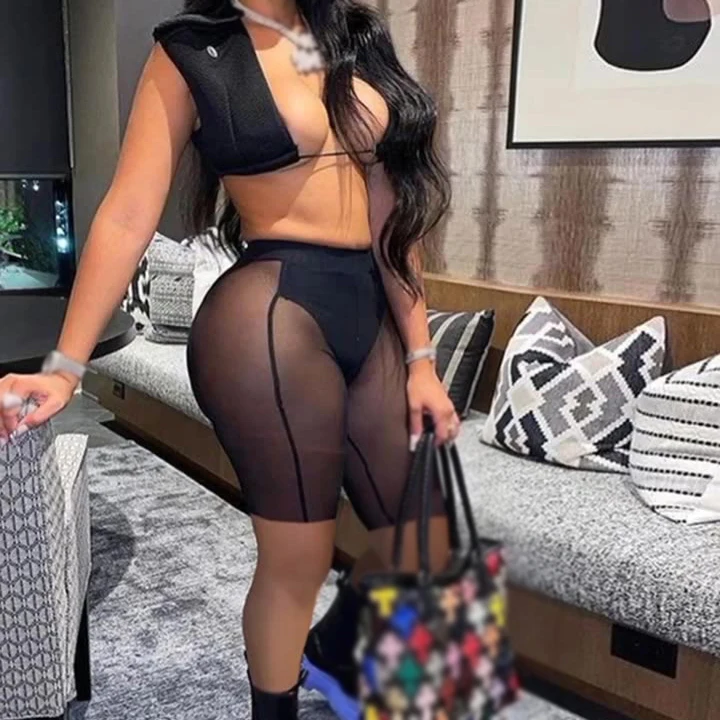 

Summer Women's Clothing Nightclub Sleeveless See Through Butt 2 Piece Women Short Sets Female Club Legging Mesh Shorts Sets Sexy