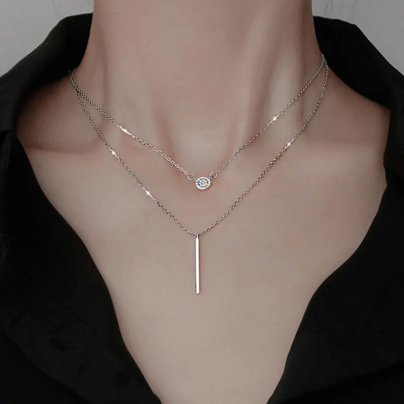 

925 Sterling Silver 2 Layers Necklace European Fashion Geometric Pendant Double Layers S925 Silver Necklace, Gold silver