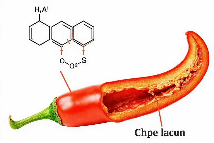 Scientific illustration showing capsaicin molecule structure and pepper cross-section highlighting placenta