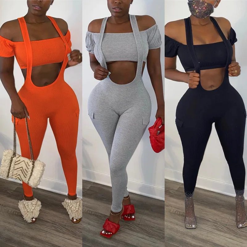 

Tighter Bodycon Jumpsuit Crop Tops Two Piece Sets Womens 2020 Summer Outfits 2 Piece Sets Clothes