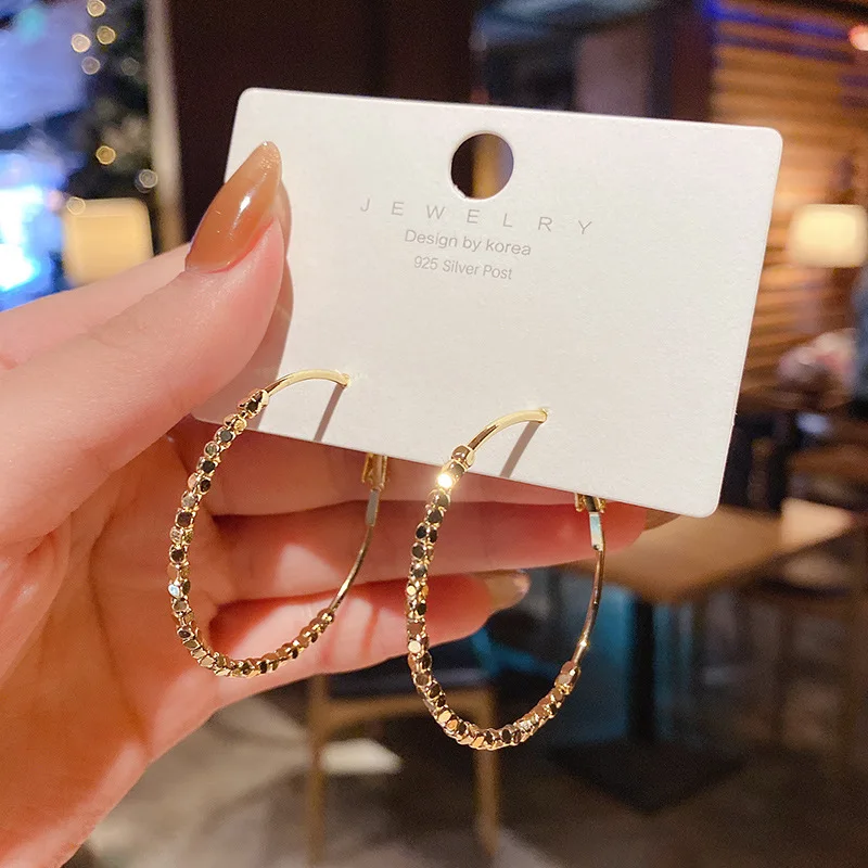 

Korean Trendy 925 Silver Needle Hoop Earrings Real Gold Plated Square Beaded Big Circle Earrings For Lady