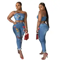 

Hot Sale Cartoon Stickers Denim Crop Top 2 Piece Pants Set Women Clothing