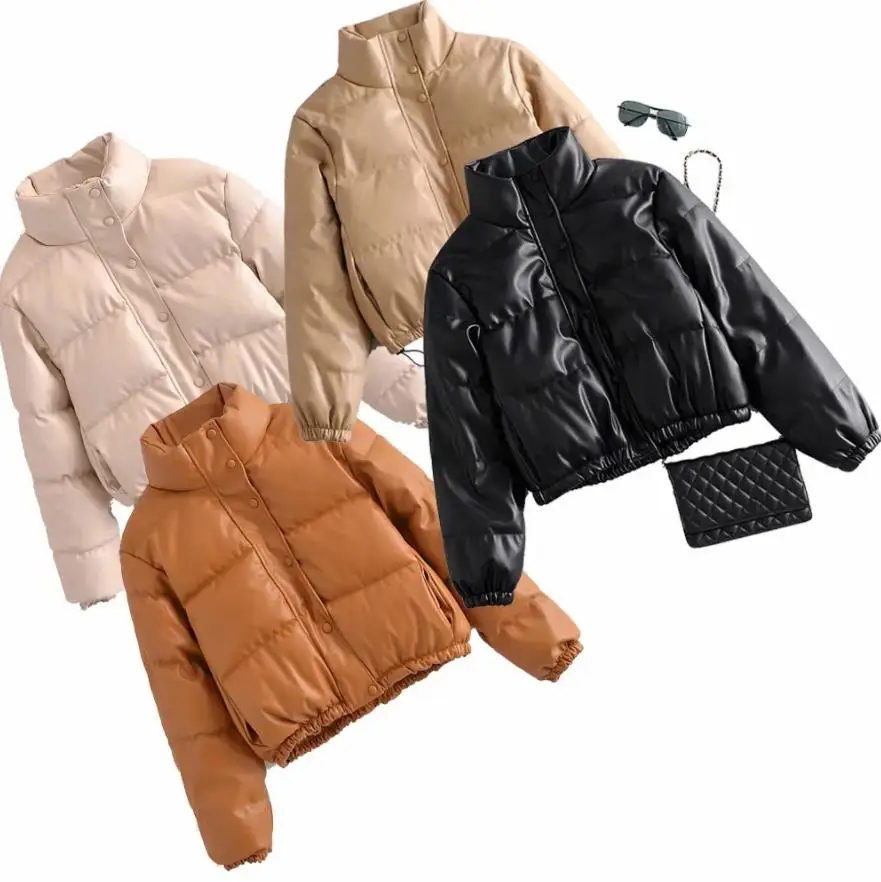 

Dropshipping Service Winter Thick Warm Short Puffer Coat Women Fashion PU Leather Coats Women Elegant Zipper leather Jackets, Many