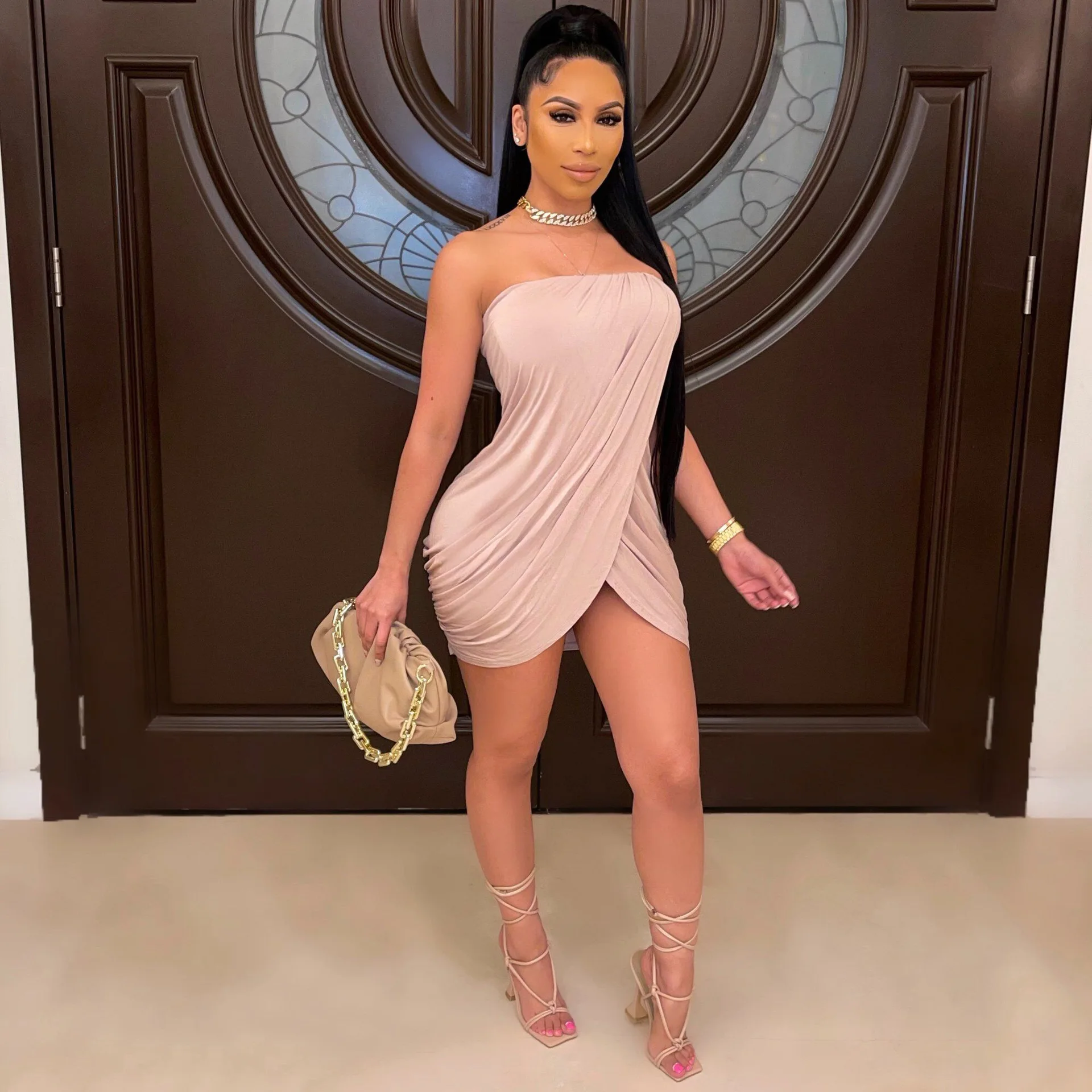 

Women Elegant Irregular Outfit Solid Color Backless Skinny Sexy Club Party Pleat Mini Dress, Picture