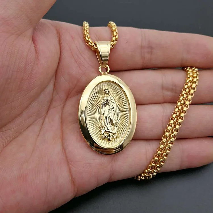 

Religious Crystal Virgin Mary Pendant Necklace Stainless Steel Gold Plated Oval Mary Pendant Necklace, Picture