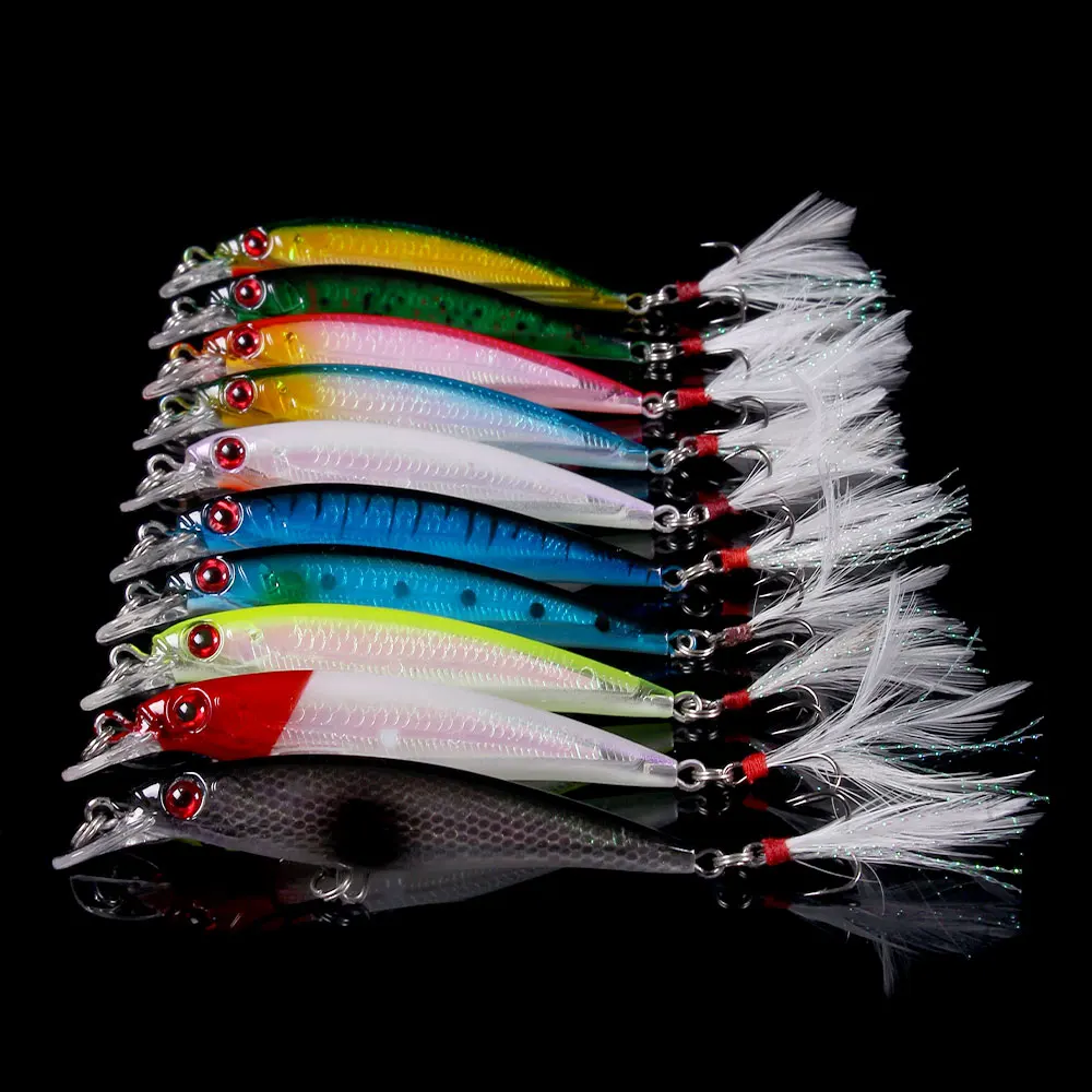 Hengjia 9cm 8g Fishing Lures Hard Bait Ice Fishing Tackle Iscas Artificiais Minnow Lures Feather Hook
