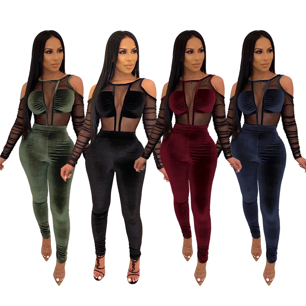 

Hot Selling New Fall Long Sleeve Sexy Mesh Top and Pants 2 Piece Set Women Clothing