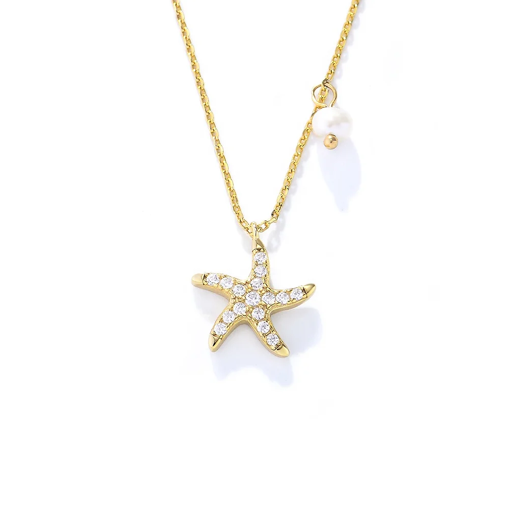 

trendy simple freshwater pearl zircon starfish clavicle chain 14k gold plated jewelry 925 sterling silver charm necklace
