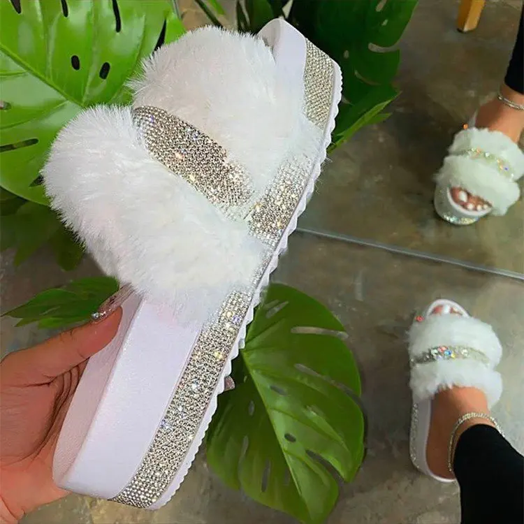 

women rhinestone sandals slides fashion diamond fur slippers pink sandal for ladies, All color available