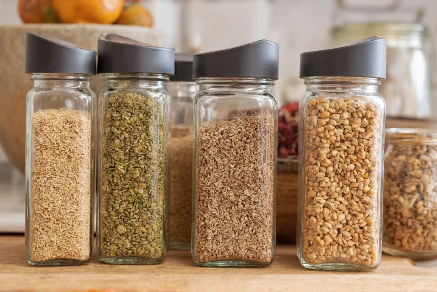 Various spice jars including cumin, coriander, and caraway seeds arranged on kitchen counter