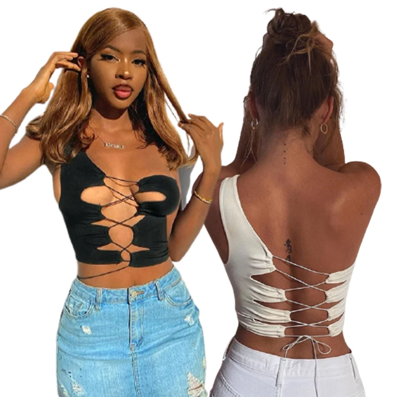 

2021 Summer Sexy Women Clothing Knitted Tube Top Shirt Ladies Blouses Tank Tops Woman Fashionable Bandage One Shoulder Crop Top