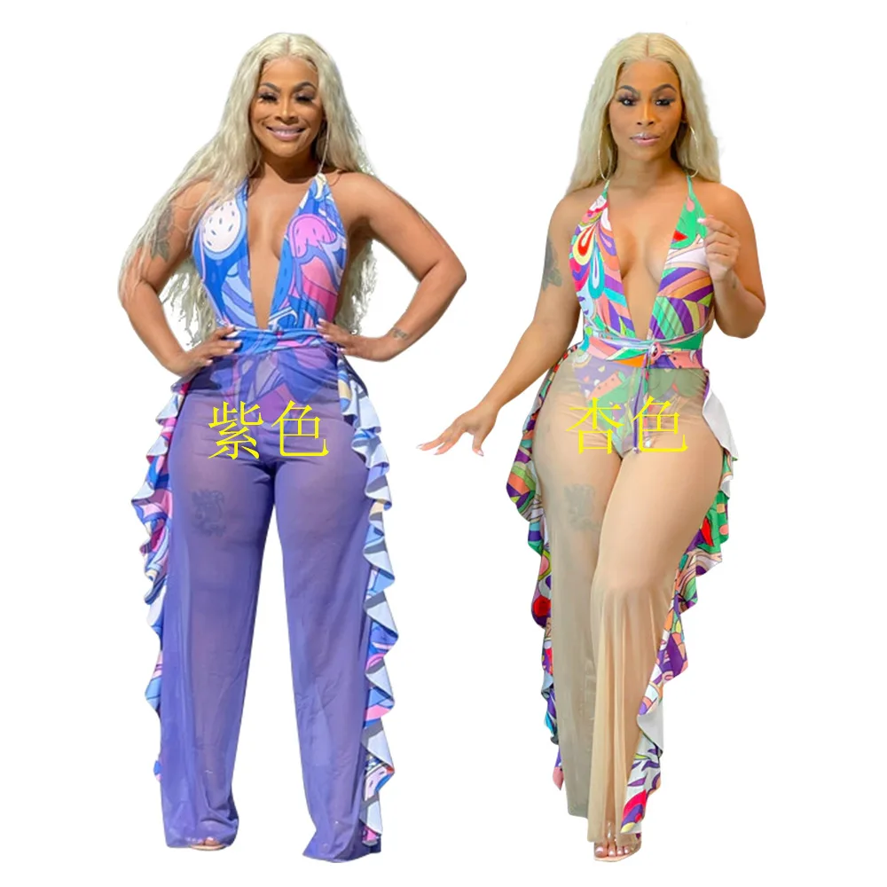 

C13041 - bodysuit and pants fashion sexy sleeveless halter v-neck ruffle printed mesh backless women short pants two piece set