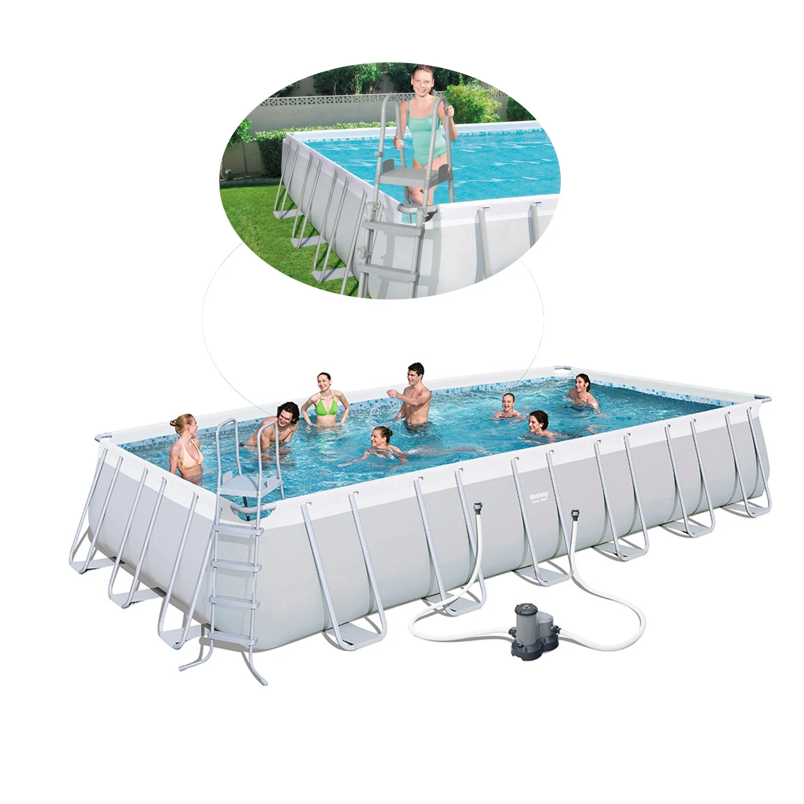 

Bestway 56474 24FT 7m Large Rectangular PVC Swimming Pool Set With Pool Cover & Safety Ladder & Filter Pump, As photo