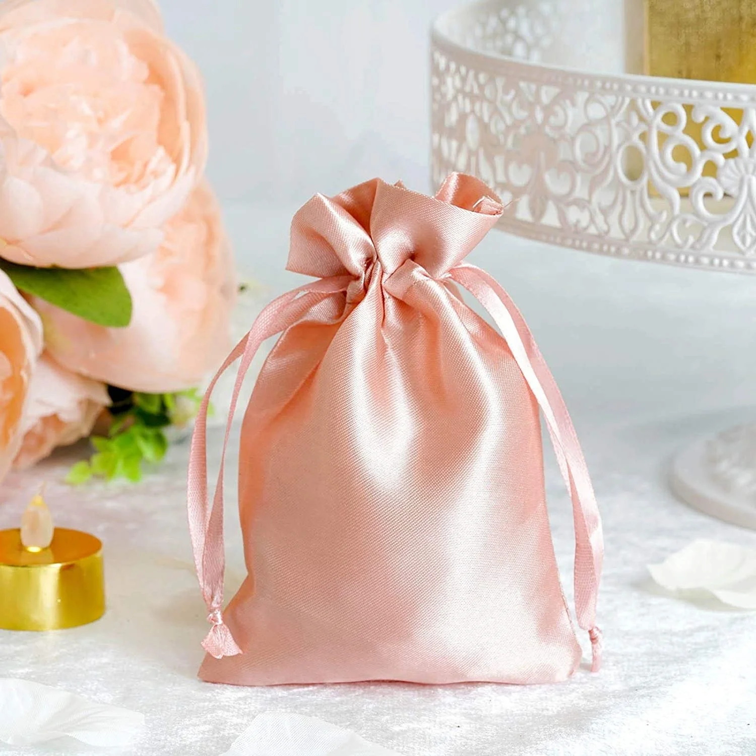 

Dusty Rose Satin Gift Bag Drawstring Pouch Wedding Favors Bridal Shower Candy Jewelry Bags, Black, blue, green, grey, pink, white, yellow, etc