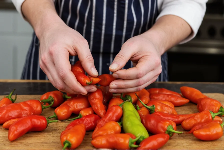 Chef wearing gloves while carefully handling habanero peppers