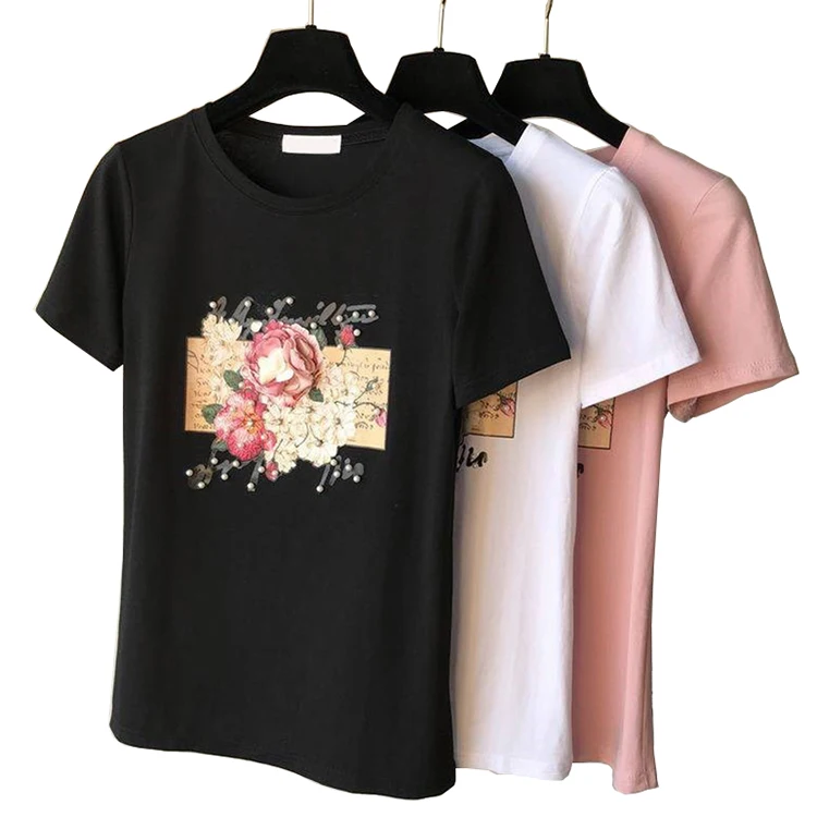 

95% cotton Spring and summer European and American nail bead sequin flower print short sleeve T-shirt women's fashion top, Picture showed