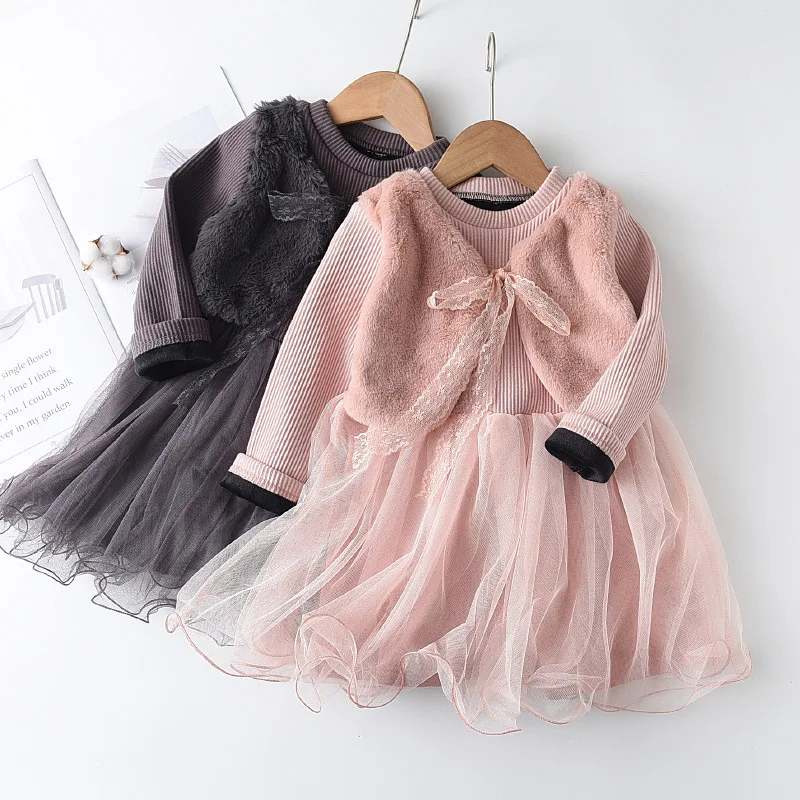 

B53948A Little girls thick warm dress 2020 fashion new sweet mesh dress, Gray/pink