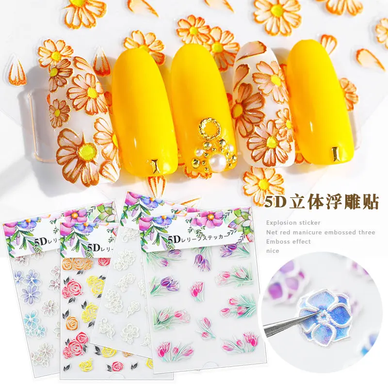 

Japanese Nail Decals Colorful 5D Flower Embossed Water Decals Nail Art Stickers