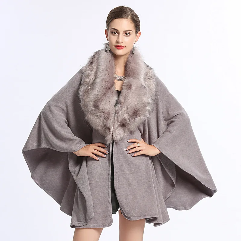 

Autumn/Winter faux fox fur big collar plus size Poncho for women