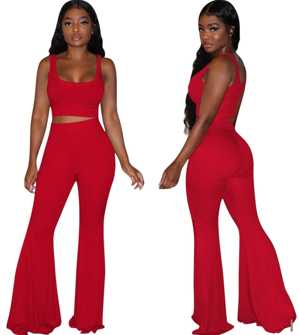 

Summer Women Solid Color Sleeveless Crop Top Bell Bottom Pants Sports Wear Set Two Pieces Tracksuits, Picture color