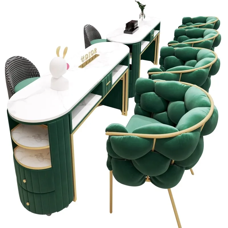 

Modern Beauty Nail Shop Furniture Sets Green Manicure Table And Chair Marble Top Double Nail Table Desk
