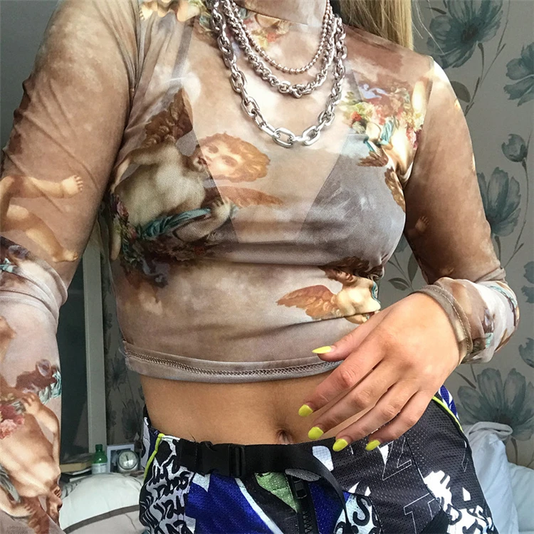 

D96484 womens clothes 2021 new woman tops fashionable angel print high-necked mesh crop T-shirt underwear sexy ladies