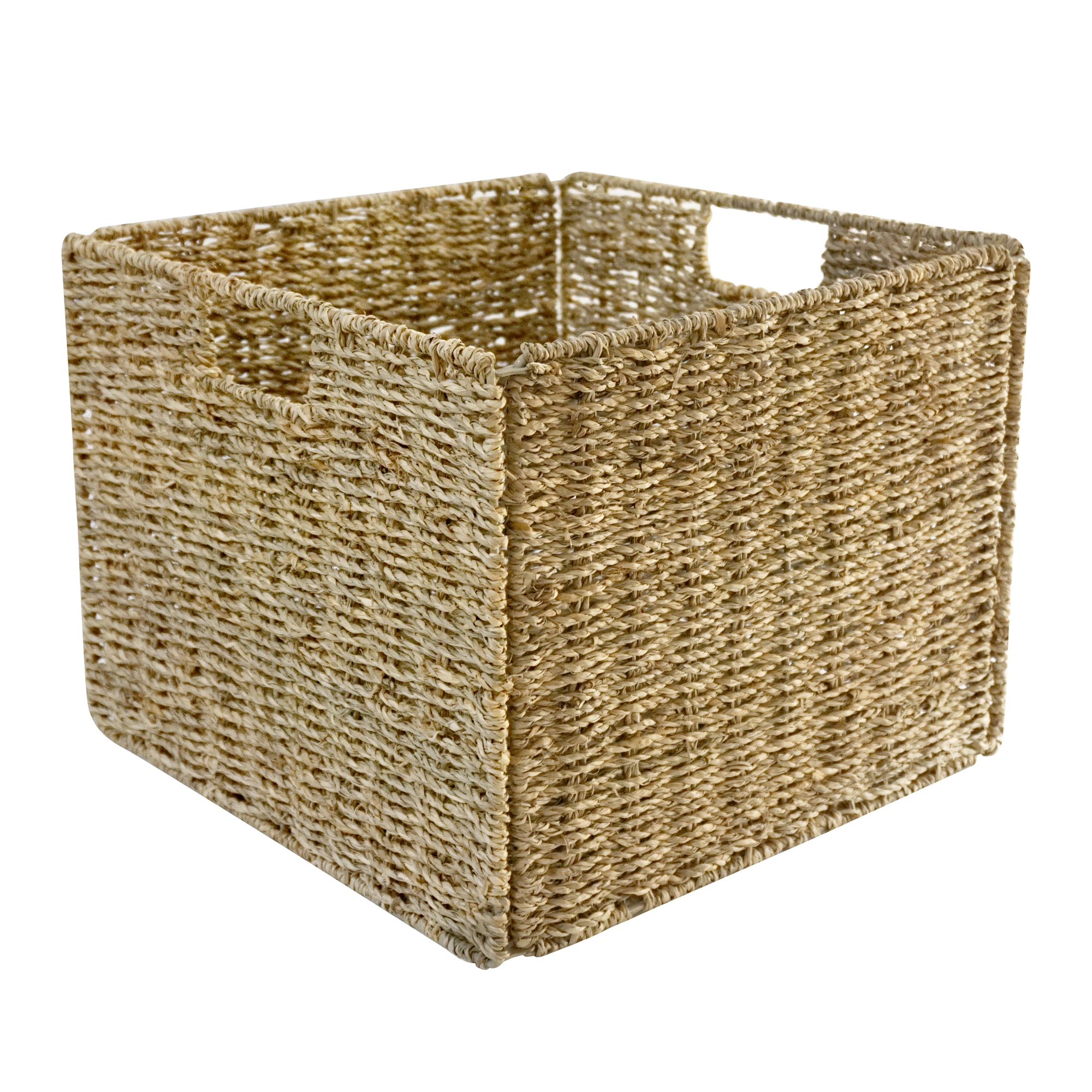

XH Ready to ship 13 inch Handmade collapsible folding seagrass woven storage basket with inside handles for shelf