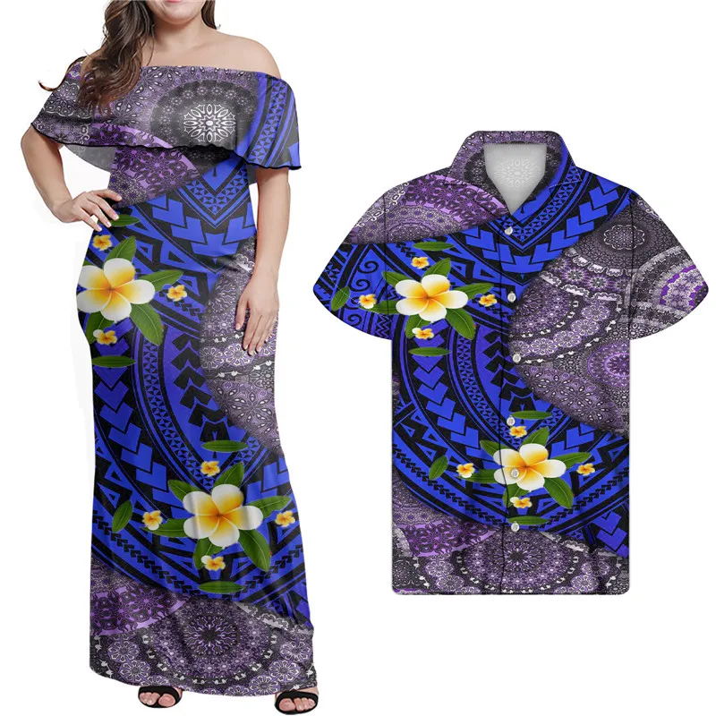 

Luxury Evening Dresses Polynesian Plumeria Printed Couple Set Clothing Maxi Long Bodycon Dresses Plus Size Maxi Dress Summer, Customized color