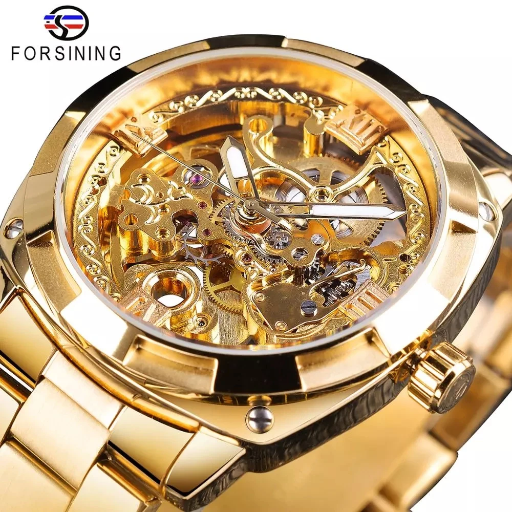 

Forsining 2021 Fashion Retro Men's Automatic Mechanical Watch Top Brand Luxury Full Golden Design Luminous Hands Skeleton Clock