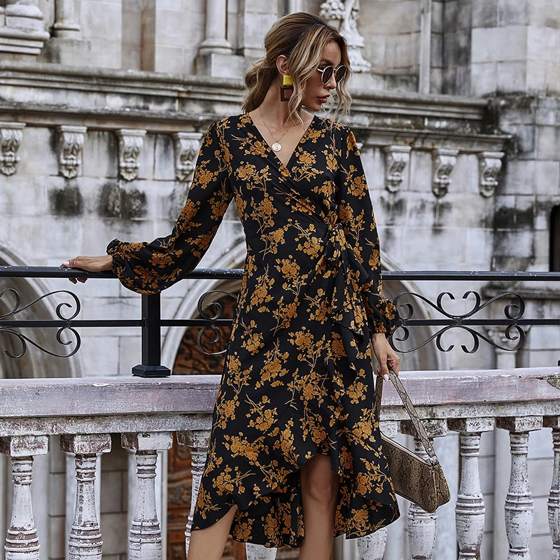 

2020 Sexy Women Wrap Slit Long Sleeve Floral Dress Woman V-neck Tie Bow Bohemian Dresses Clothes Wholesale