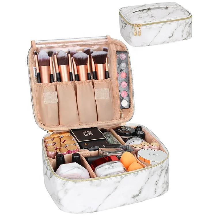 

Dropshipping Relavel 2021 New Professional Portable Waterproof Train Soft Dividers Marble Cosmetic Beauty Makeup Case Bag, Marble white