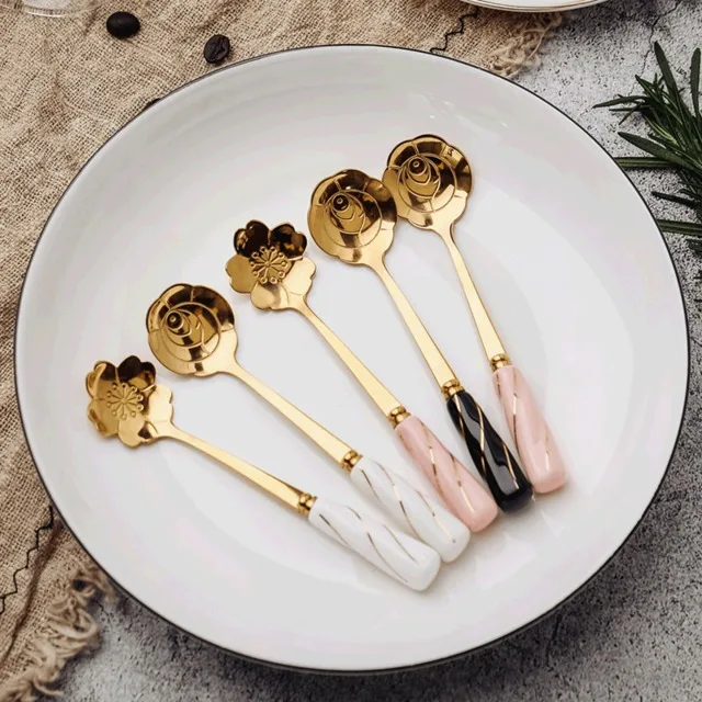 

Stainless steel ceramic handle gold wire flower spoon creative gold plated spoon dessert coffee spoon, Rose gold