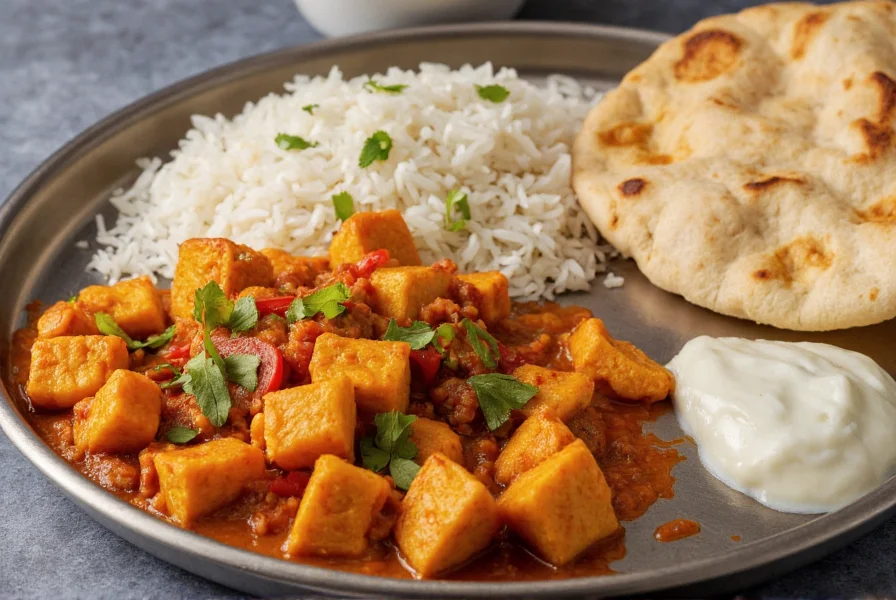 Pepper chilli paneer served with fluffy basmati rice, garlic naan, and fresh raita in traditional Indian thali