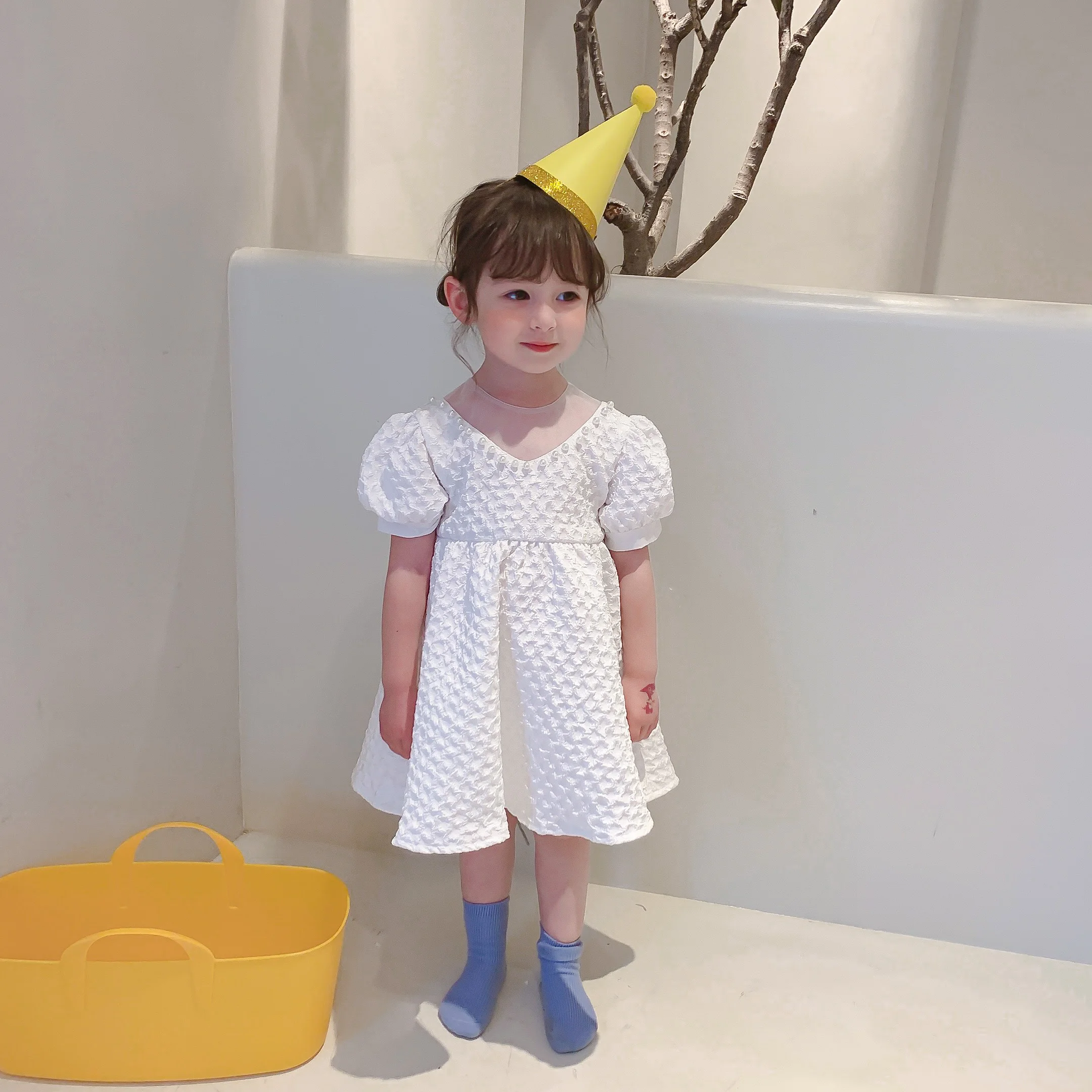 

New Fashion Kids Costume White Pearl Cotton Children Baby Girl Dress