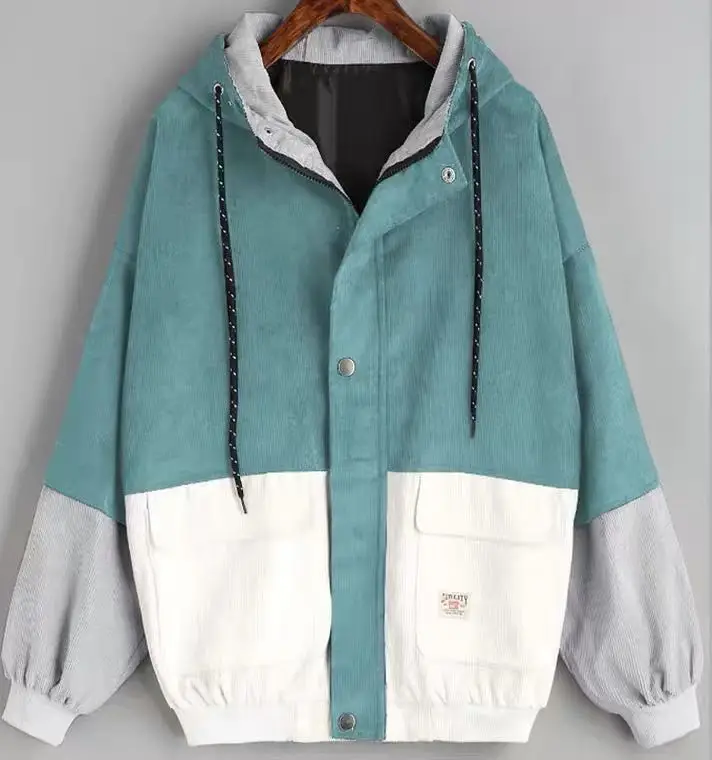 

2021 Ladies Fashion Clothing Hooded Color Block Corduroy Jacket, Blocked color