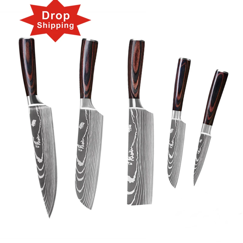 

Drop Shipping Carbon Steel Kitchen 5 Pcs Knife Set With Pakka Wood, Silver