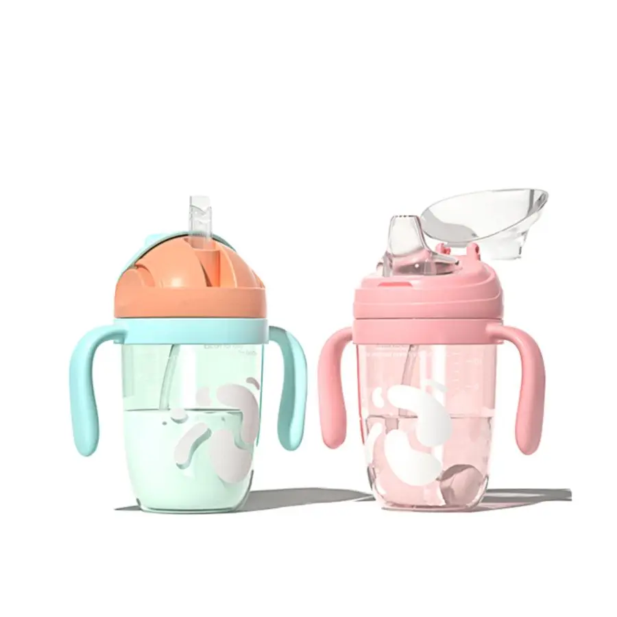 

Hot Selling BPA Free PP Straw Cup Baby Bottle V-Type Straw 240ml Feeding Baby Bottle With Tube Hands Free, Pink,green