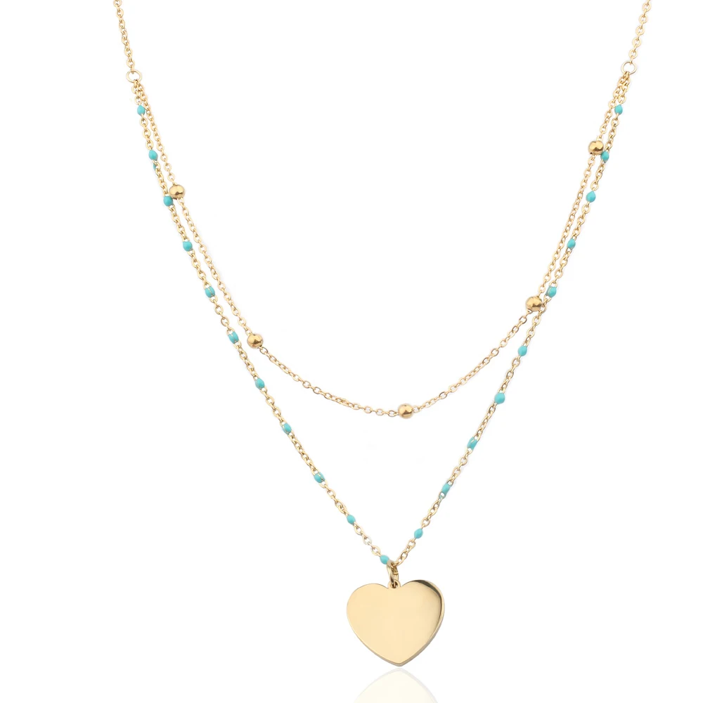 

Wholesale Gold Color Heart Pendants Necklace For Women Double Layer Stainless Steel Chain Rosary Beads Necklace