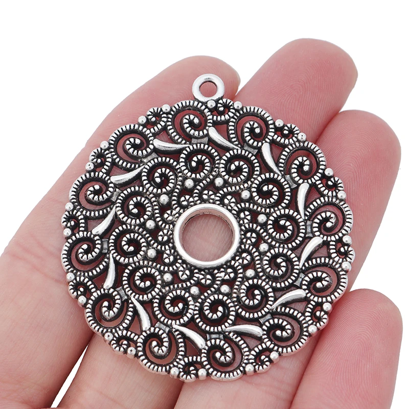 

Large Hollow Filigree Flower Spiral Swirl Round Antique Silver Charms Pendants for Necklace Jewelry Making