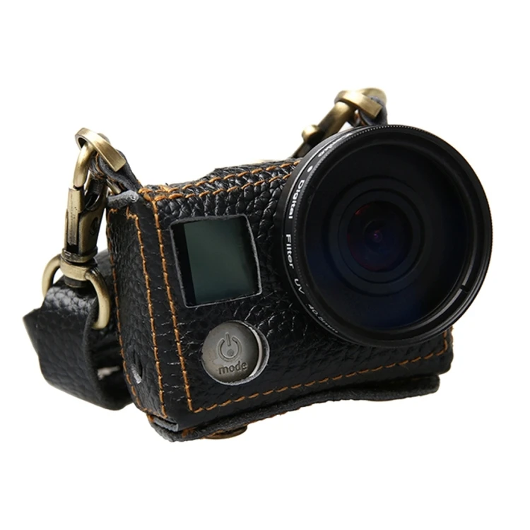 

High Quality Litchi Texture Genuine Leather Side Hollow Protective Case for GoPro HERO4