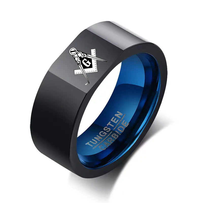 

High Quality 8mm Custom LOGO Ring Engraving Tungsten Carbide Steel Masonic Signet Ring For Man, Blue