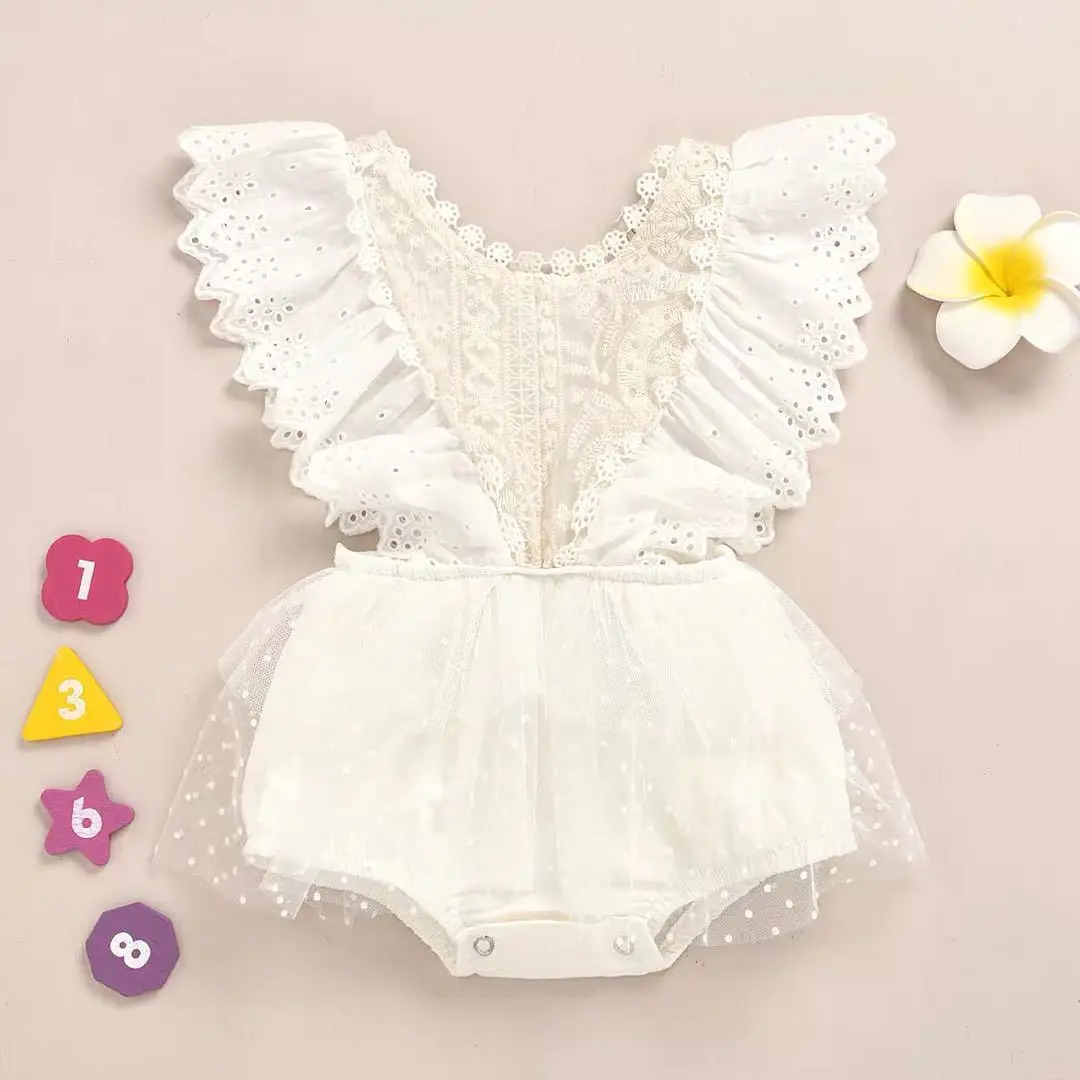 

2021 Summer Newborn Baby Girl Clothes Sleeveless Solid Color White Lace Flower Ruffle Romper One-piece Outfit Sunsuit