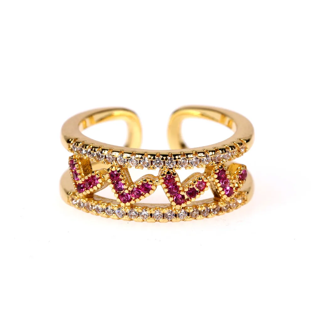 

2021 New Arrival Double Layers Gold Plated Hollow Heart Colored Zircon Ring Colored Zircon Hollow Heart Finger Ring