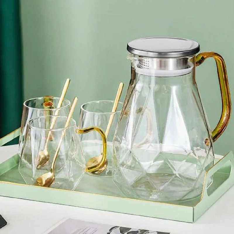 

50oz Heat Resistant High Borosilicate Glass Diamond Pitcher And Cups Set Modern Glass Jug And Cup Set