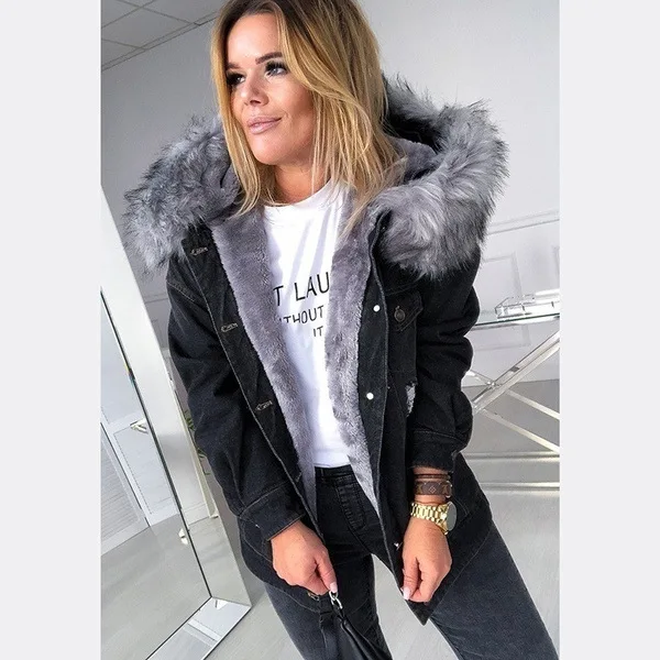 

Women Faux Fur Winter Coat 2020 Black Denim Jacket Hooded Casual Female Oversized Jean Jackets Fashion Warm Thick Autumn Outwear