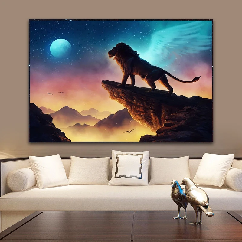

Fantasy Starry Sky Night wings lion Poster Canvas Painting Animal Posters Wall Art Pictures For Living Room Cuadros Home Decor