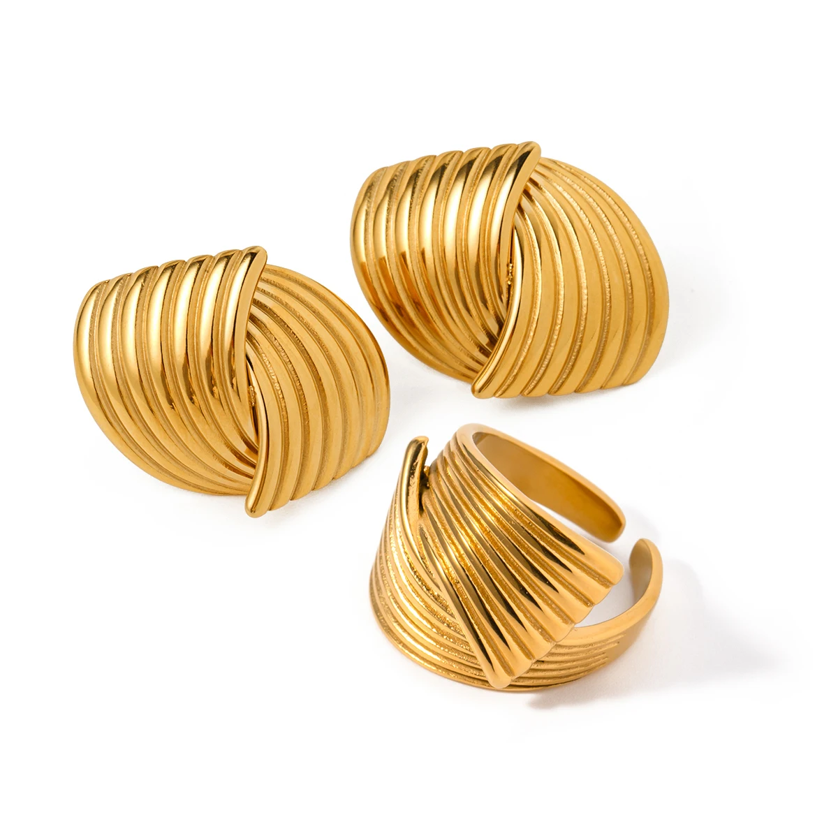 

J&D Fashion Jewelry Designer Gold Plated Rings Stainless Steel Striped Textured Interlaced Open Rings