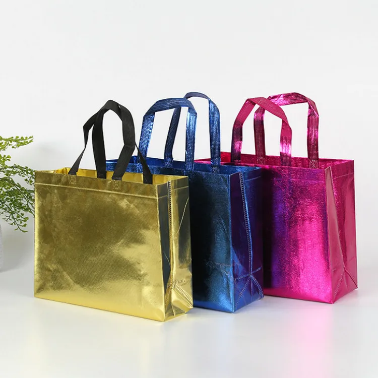 

Non-woven Glossy Reusable Grocery Tote Handle Gift Bag Stylish Promotional Shopping Bag For Party Event Wedding Birthday, 4 colors in stock