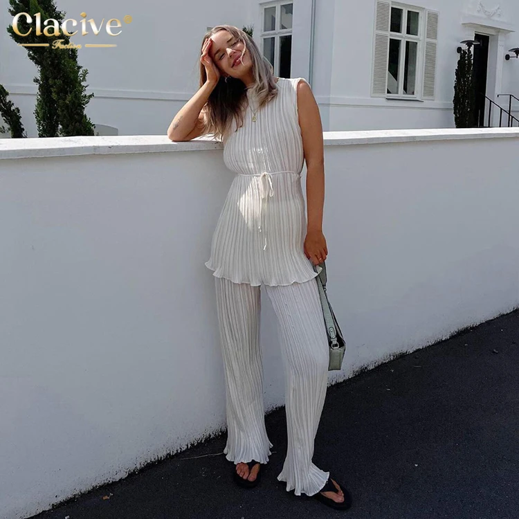 

Clacive 2022 Summer New Trends White Pleated Sleeveless Tops 2piece Women Outfit Skinny Casual Two Piece Pants Set