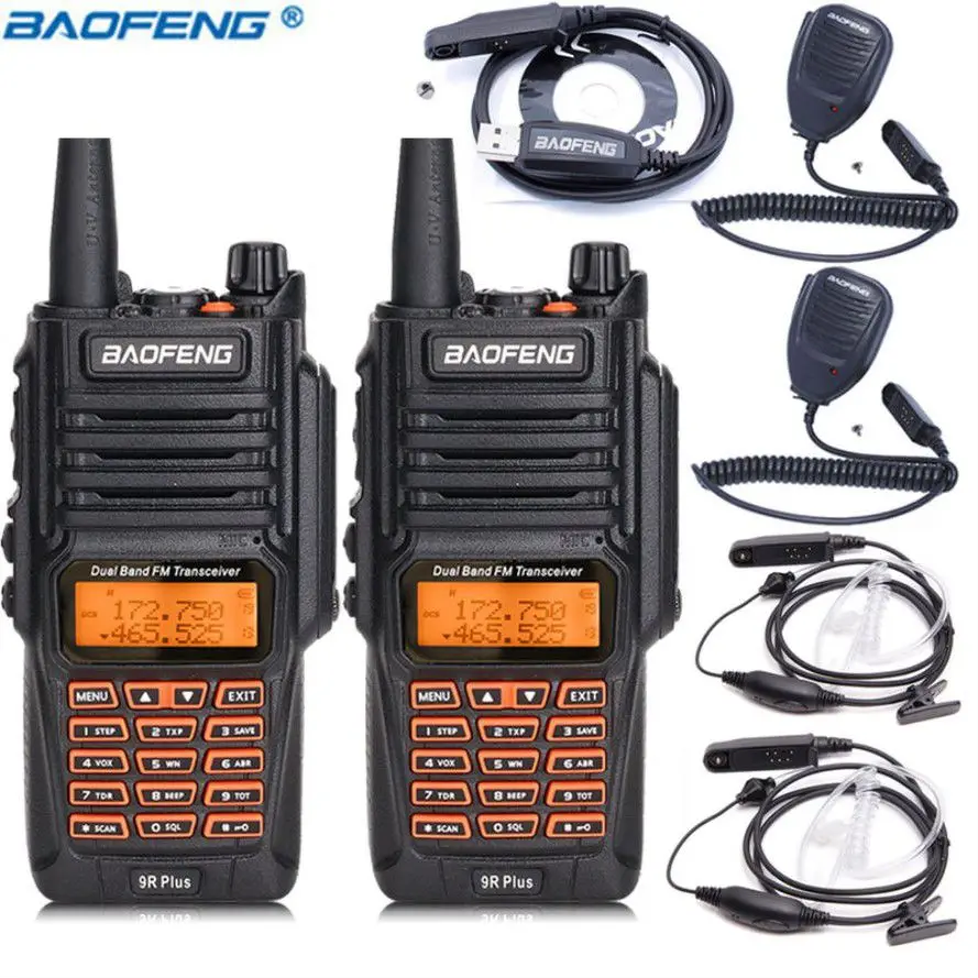 

2Pcs Baofeng Uv 9R Plus 8W High Power Ip67 Waterproof Walkie Talkie +1 Programming+2 Ser Mic+2 Air Acoustic Tube Headset